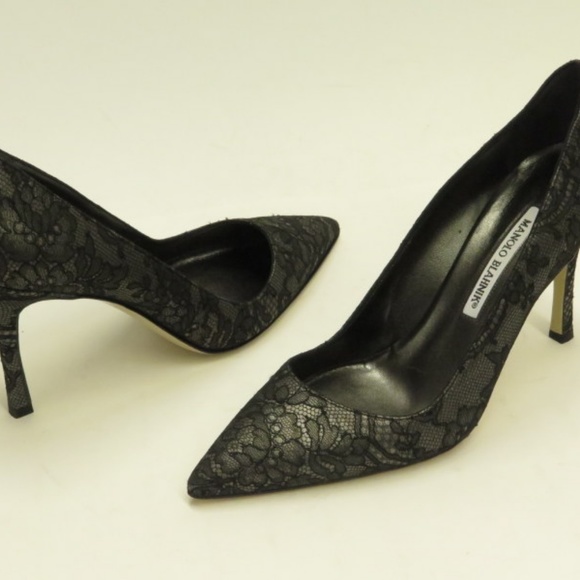 Manolo Blahnik Pump Black Lace & Gray Satin NEW - Picture 2 of 8